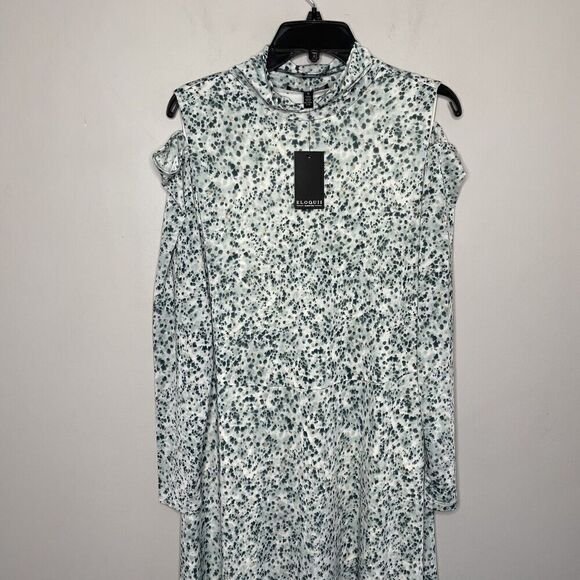 ELOQUII Dress Womens 16 Slash Shoulder Midi NEW Green Dot Print Long Sleeve - Picture 5 of 15